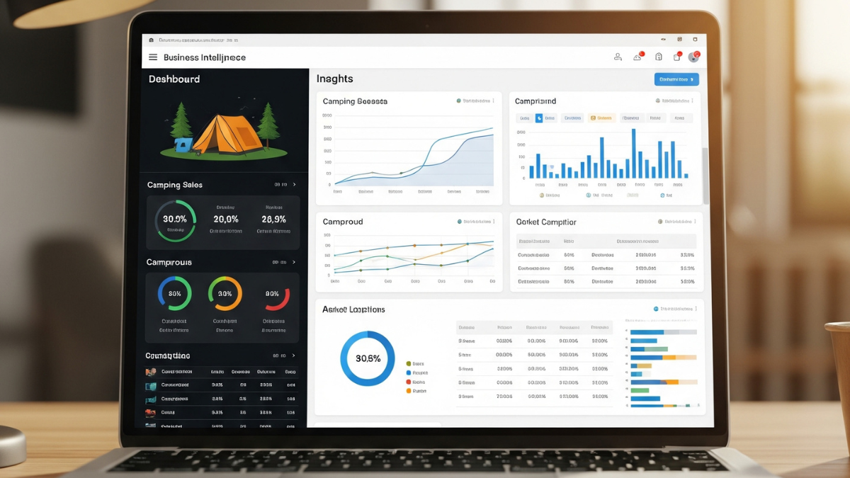 Dashboard interattiva di business intelligence che mostra grafici, tabelle e analisi dei dati su computer portatile per supportare decisioni aziendali strategiche nei camping