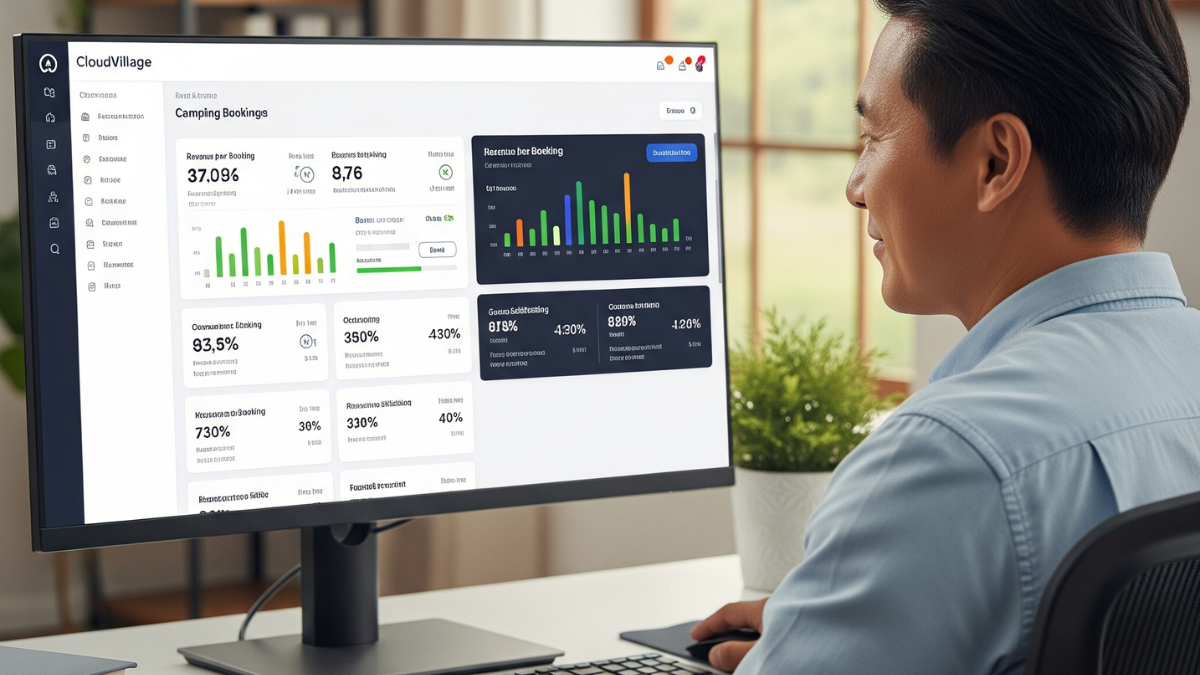 Gestore di camping che lavora con dashboard CloudVillage per monitorare prenotazioni, occupazione e performance della struttura ricettiva