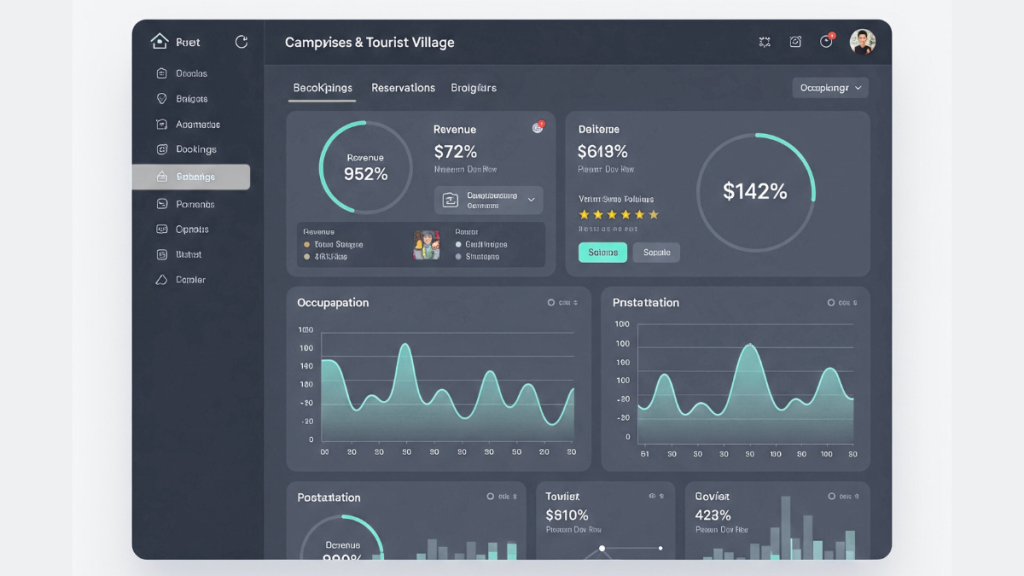 Esempio di dashboard moderna con grafici e statistiche per la gestione digitale di campeggi e villaggi turistici.