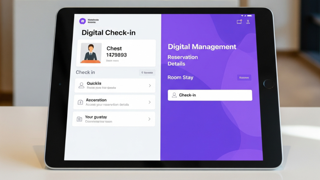 Tablet moderno che mostra interfaccia di check-in digitale per ottimizzare la gestione degli ospiti.