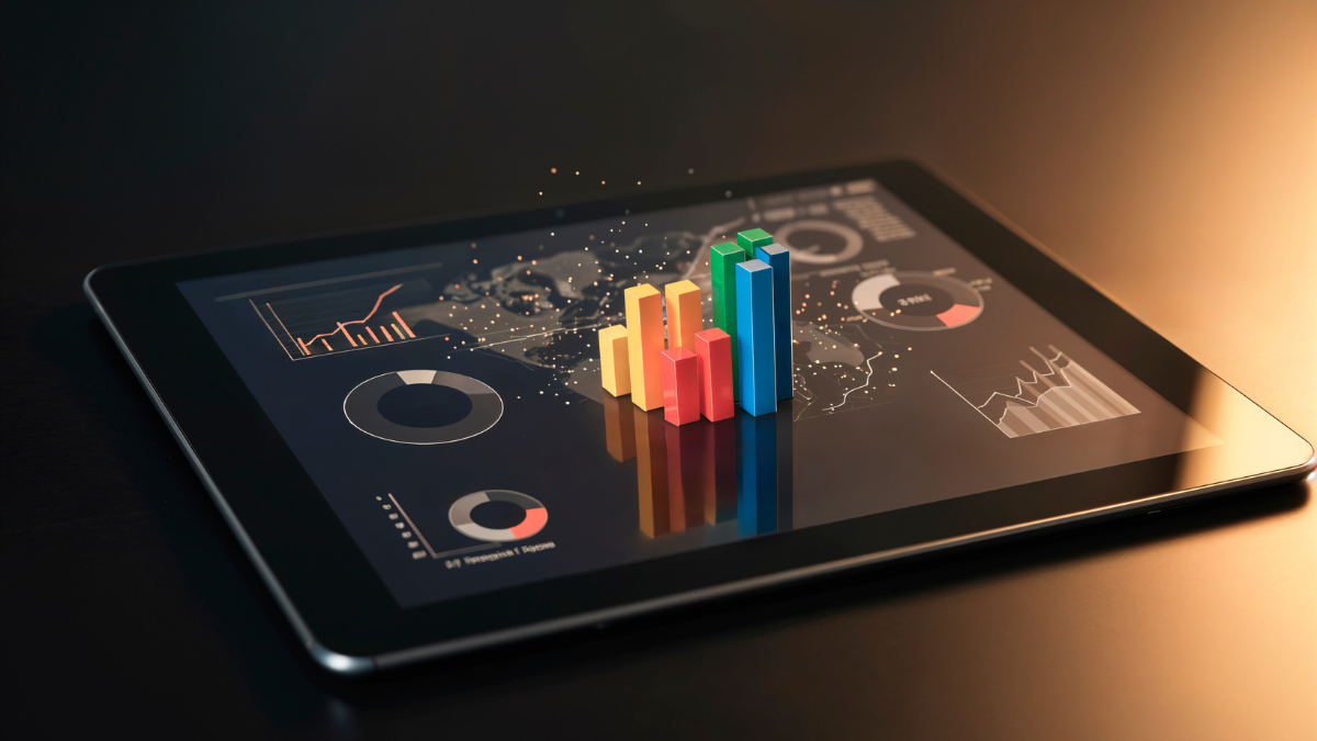 Dashboard moderna su tablet/computer che mostra grafici e dati di gestione