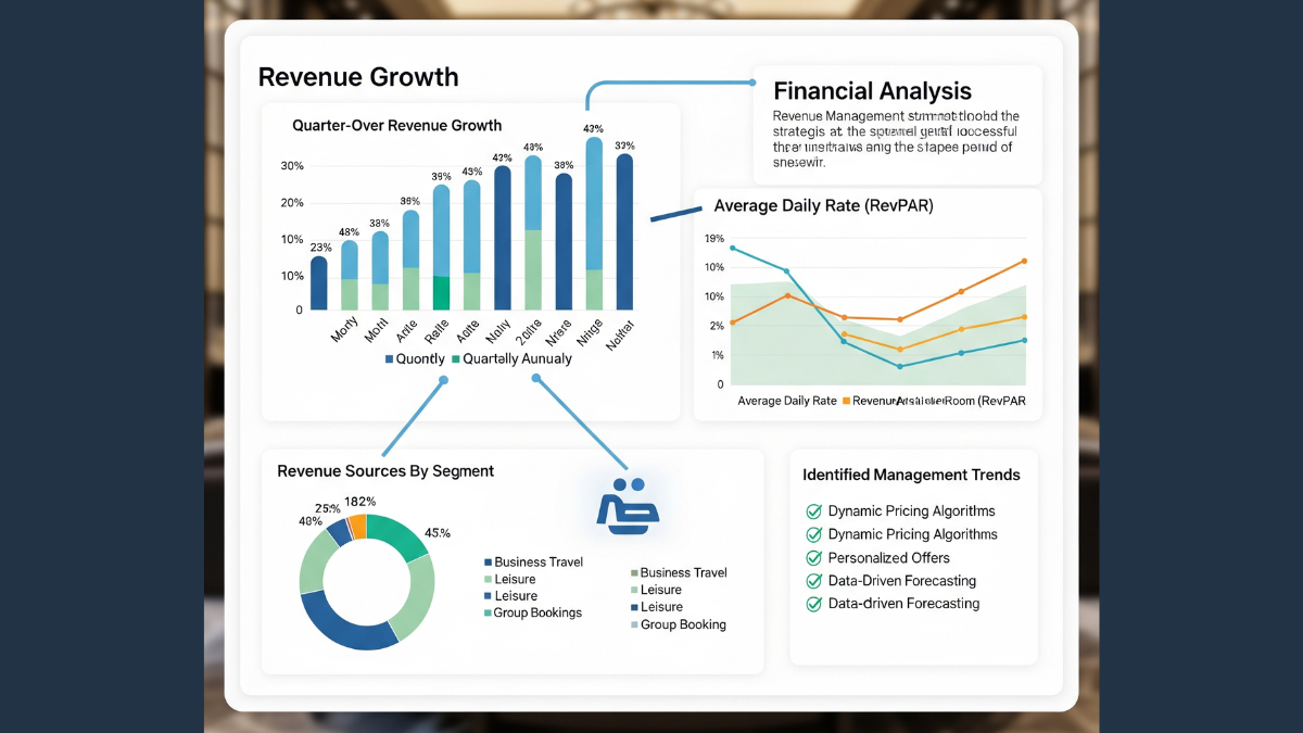 Grafici di crescita dei ricavi e analisi finanziaria con trend di revenue management per il settore hospitality