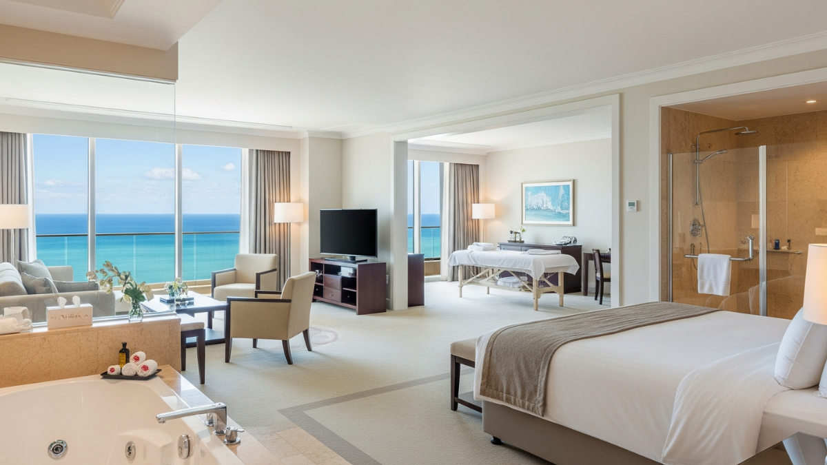 Suite luxury di hotel con vista mare e servizi spa, esempio di upselling per clienti premium