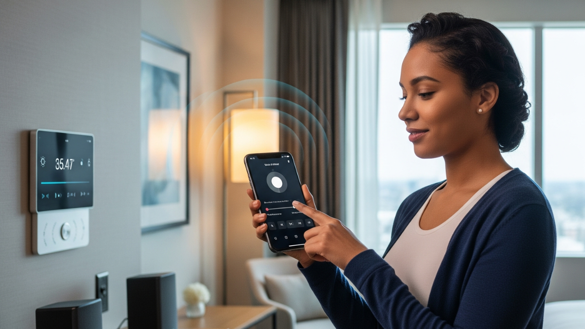 Ospite controlla le impostazioni della camera d'hotel tramite dispositivo mobile smart, tecnologia IoT per personalizzazione