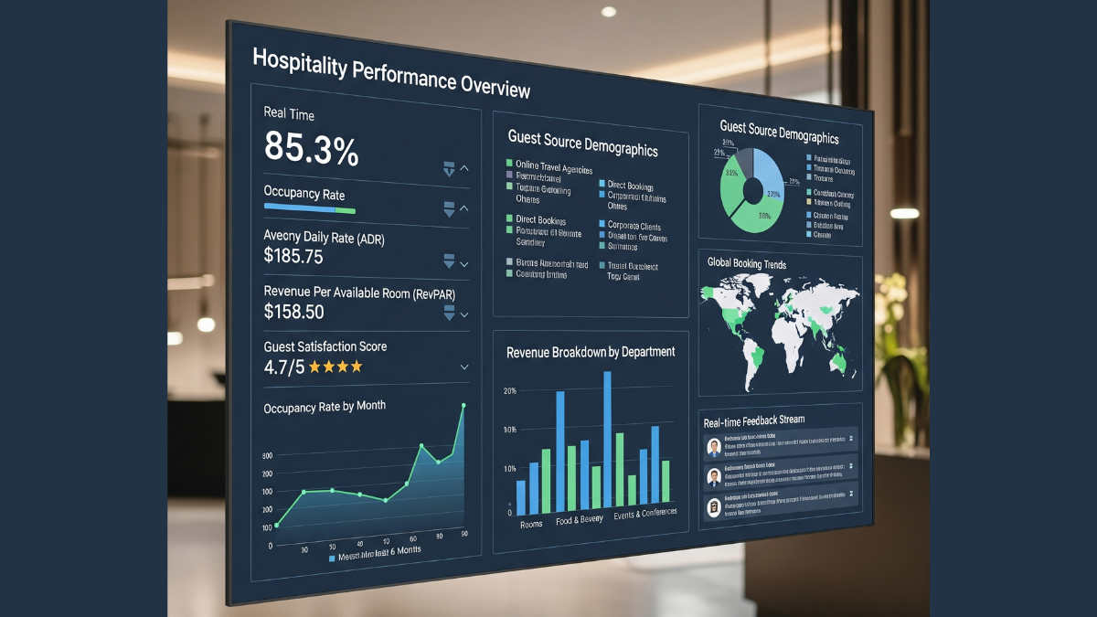 Dashboard con grafici e metriche di performance per il settore hospitality che mostra KPI e analisi dati in tempo reale