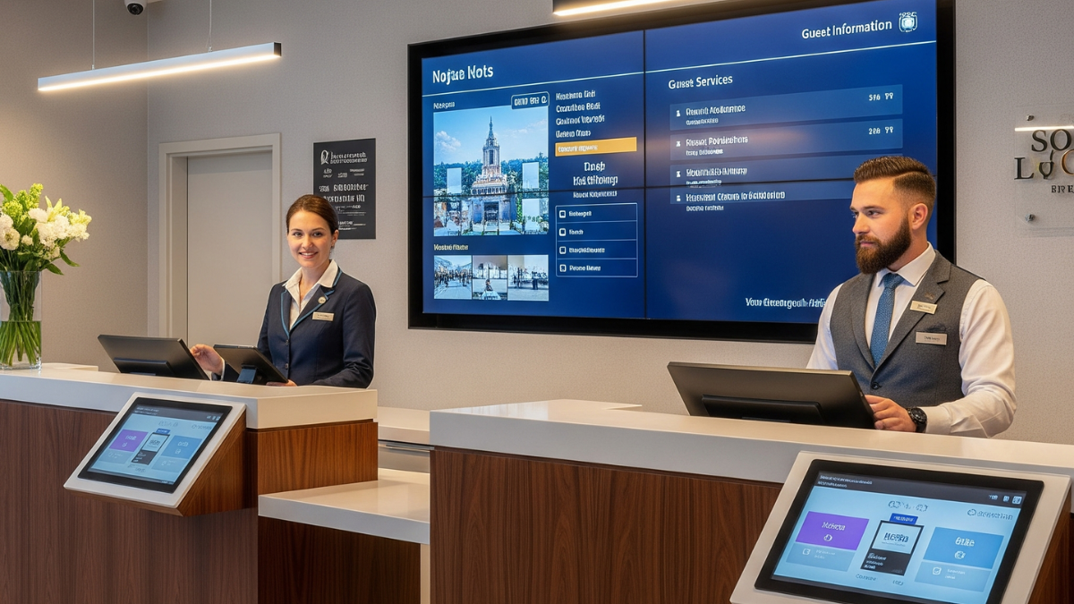 Reception moderna di hotel con tecnologia avanzata e staff che utilizza sistemi digitali per la gestione ospiti