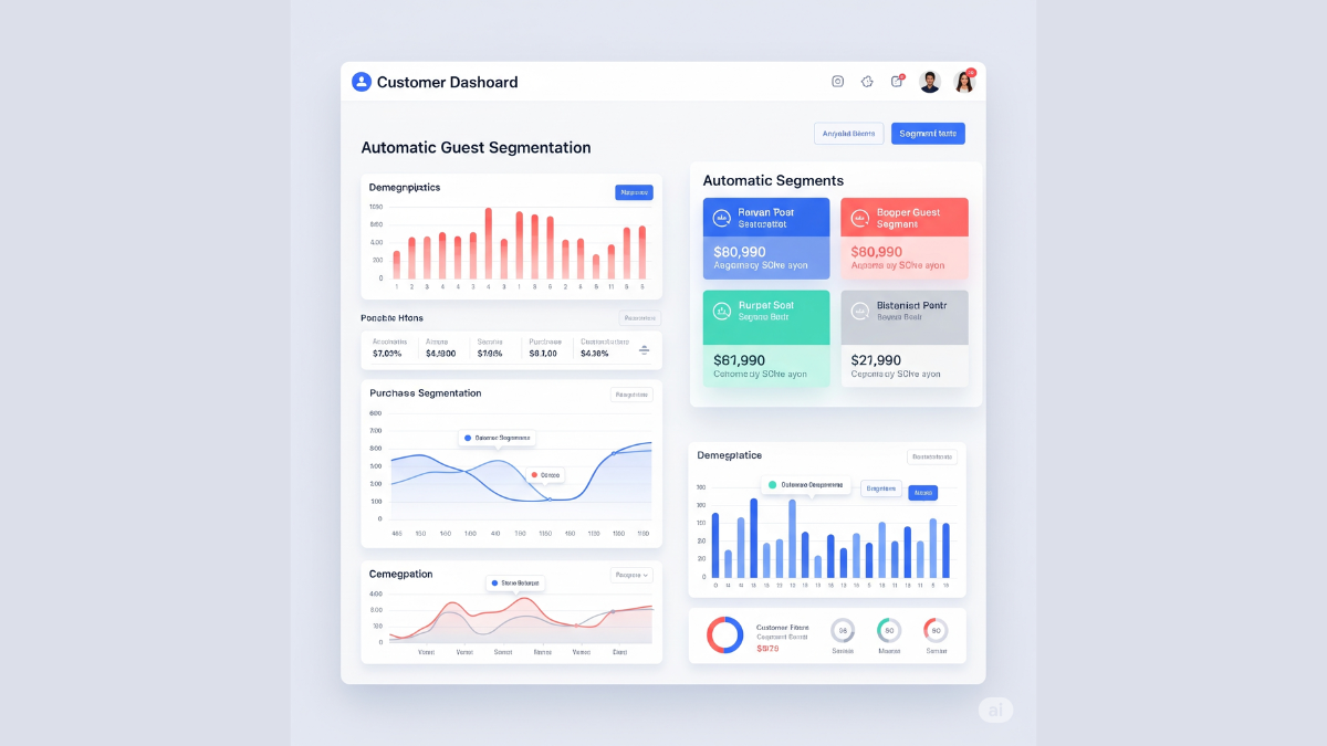 Dashboard analitica con visualizzazione di dati cliente, grafici e metriche per la segmentazione automatica degli ospiti 