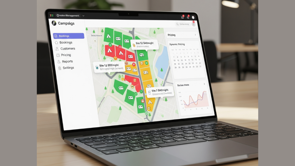 Laptop moderno che mostra l'interfaccia di un software gestionale per la gestione di campeggi e pricing dinamico