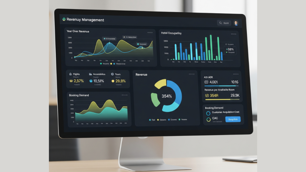 Dashboard digitale con grafici e analisi dati per il revenue management nel settore turistico