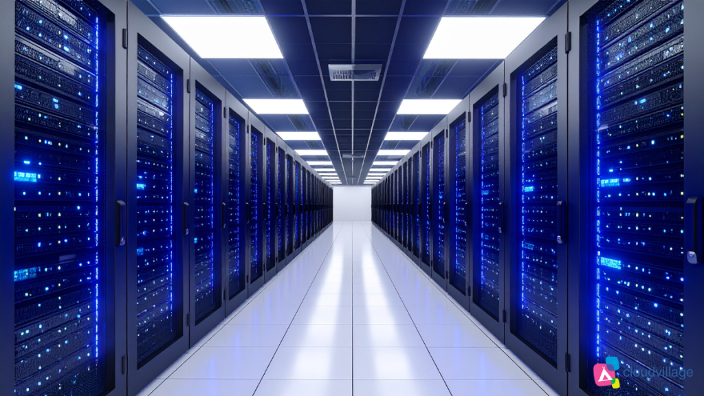 Infrastruttura cloud moderna con server rack e tecnologie digitali per l'ottimizzazione dei costi operativi aziendali